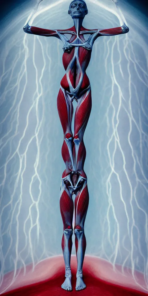 Image similar to poster design, full body anatomical model, 3 d photographic render of a deconstructed asymmetric human anatomical correct human body, in hoc signo vinces, waterfall, in the style of leonora carrington, gottfried helnwein, intricate composition, blue light by caravaggio, insanely quality, highly detailed, masterpiece, red light, artstation