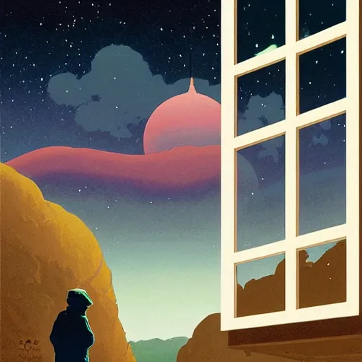 Image similar to poster artwork by Michael Whelan and Tomer Hanuka, Karol Bak of the last alchemist looks out his window at the stars, from scene from Twin Peaks, clean, simple illustration, nostalgic, domestic, full of details