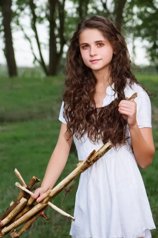 Image similar to a middle-school girl with brown eyes and unkempt wavy short brown hair wearing a white dress and holding a bundle of firewood, high resolution film still, 8k, HDR color, short hair, round face, dimples, beautiful gazing eyes