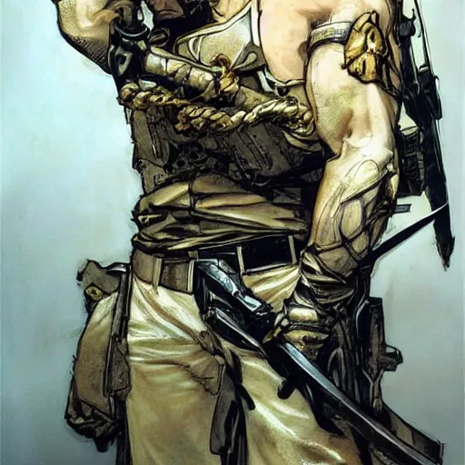 Image similar to portrait of a hero holding his sword in front of his face by yoji shinkawa, high quality, extra details, realism, ornate, colored, golden chain, blood, white skin, short hair, brown eyes, vivid, sunlight, dynamic, american man, freedom, white american soldier, spray pain style