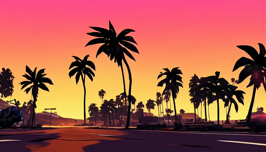 Prompt: orange sunset silhouette of palm trees and planes in grand theft auto 5 cover game art