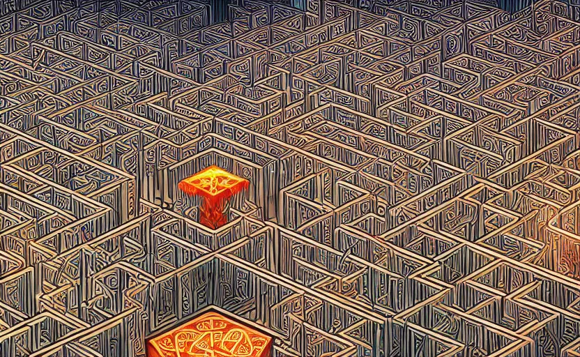 Prompt: interior of an elaborate labyrinth of runic cubes, endless intricate maze - like runes, sharp high detail anime background, masterpiece by satoshi kon, crystal cubism, greeble, tesseract, darksynth, high definition