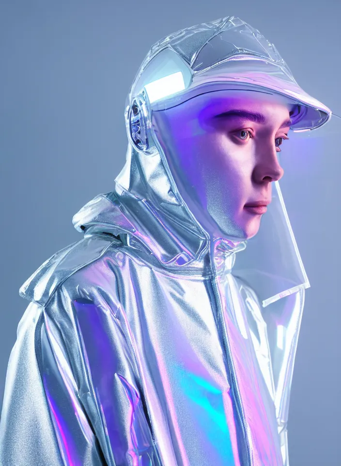 Image similar to an ultra high definition professional studio quality photograph of an artificially intelligent android influencer with silver skin wearing a transparent iridescent pastel coloured visor and matching wavey raincoat on white hook in a sheer icelandic black rock environment. three point light. dramatic lighting. volumetric shadows. light rays