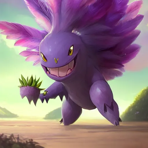 Prompt: a cute beautiful plant type pokemon with happy cute smile, purple feathers grow out of his hair, full body portrait, highly detailed digital art, 3 d perspective, award - winning illustration, aesthetic, smooth, pokemon style, made by greg rutkowski, with an alien landscape in the background