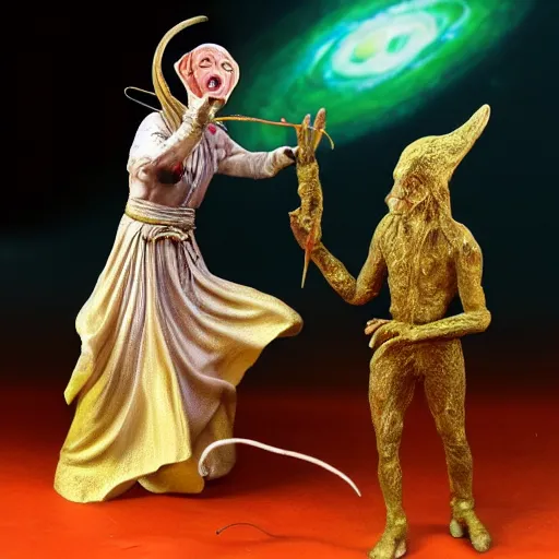 Image similar to Wax figurine of an alien priestess fighting a wax figuring of a cosmic monster