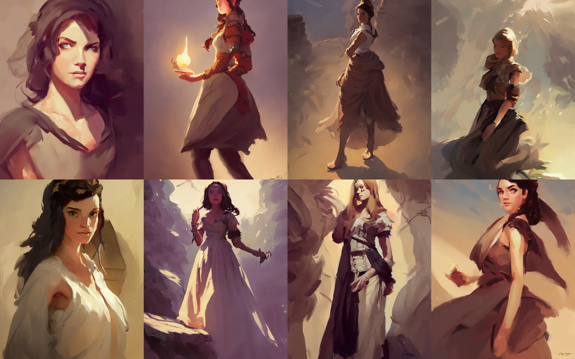 Image similar to portrait of young woman traveler in dress cloth greg manchess portrait painting of bard, d & d, fantasy, medium shot, asymmetrical, intricate, elegant, matte painting, illustration, hearthstone, by greg rutkowski, by greg tocchini, by james gilleard, by joe fenton