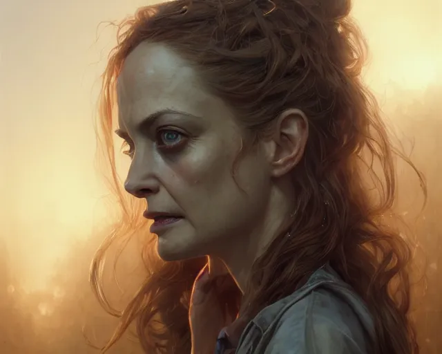 Image similar to highly detailed portrait of heather graham, in the walking dead, stephen bliss, unreal engine, fantasy art by greg rutkowski, loish, rhads, ferdinand knab, makoto shinkai and lois van baarle, ilya kuvshinov, rossdraws, tom bagshaw, global illumination, radiant light, detailed and intricate environment