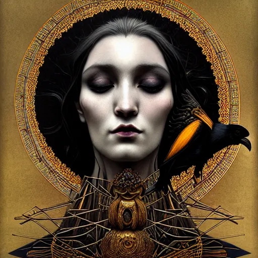 Image similar to goddess of crows, unusual beauty, emotionally evoking symbolic metaphors, head in focus, fantasy, ornamental, intricate, elegant, sensual, highly detailed digital painting, artstation, concept art, painterly, golden ratio, sharp focus, illustration, art by John Collier and Krenz Cushart and Artem Demura and and Greg Rutkowski and Alphonse Mucha and Albert Aublet