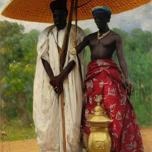 Image similar to portrait of king of dahomey outdoors dressed in airy clothing, with a servant holding an umbrella over him, 1905, brightly coloured oil on canvas, by ilya repin