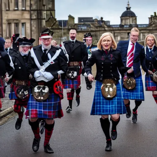 Image similar to English death squads lead by Liz Truss storm Edinburgh with Scottish people in kilts running in fear hyperrealistic 4k