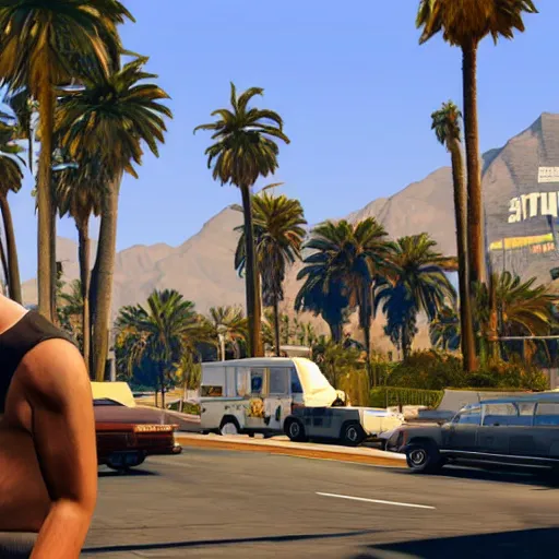 Image similar to Eddie Murphy in GTA V. Los Santos in the background, palm trees. In the art style of Stephen Bliss