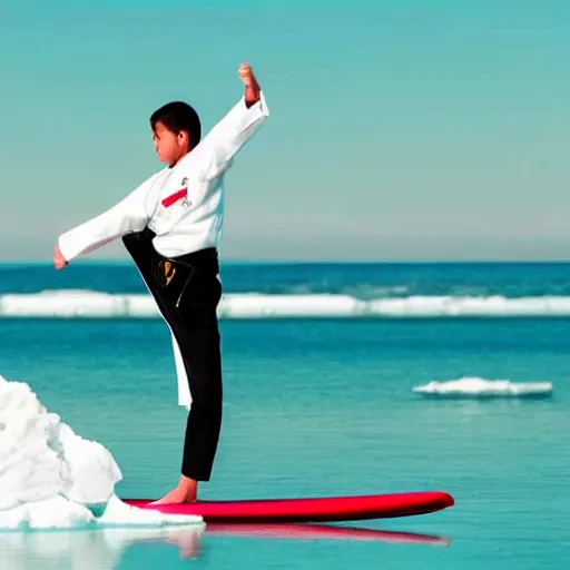 Prompt: a karate person in a karate outfit surfing on ice cream waves