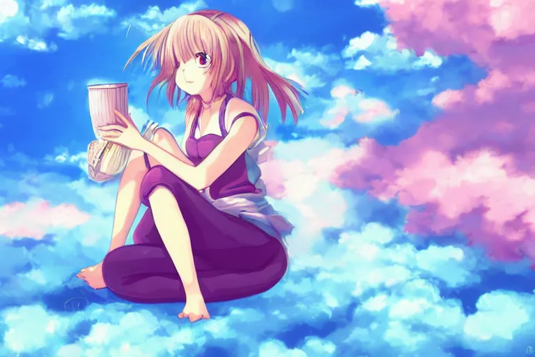 Image similar to a cute anime girl sitting on a cloud, digital art, anime,