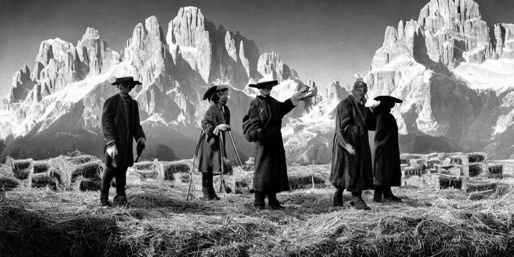 Image similar to 1920s photography of occult priests with hay coats and horn with dolomites in the background, occult signs, witch burning, solstice fire, alp, dolomites, alpine, detailed intricate insanely detailed octane render, 8k artistic 1920s photography, photorealistic, black and white, chiaroscuro, hd, by David Cronenberg, Raphael, Caravaggio