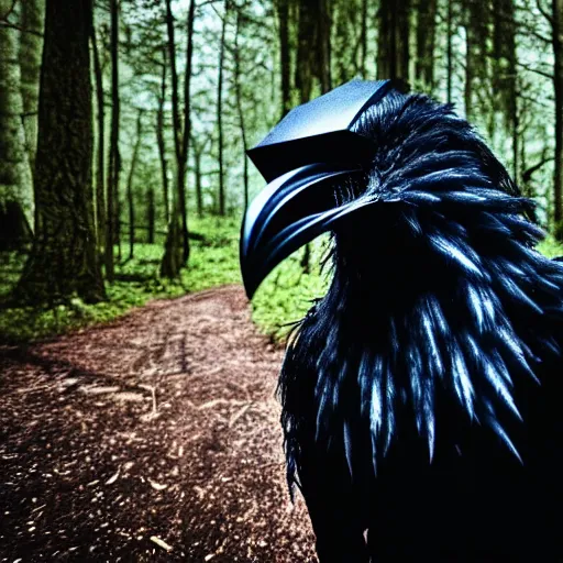 Image similar to werecreature consisting of a human and crow, photograph captured in a forest