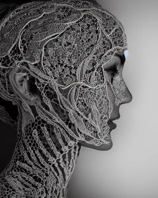 Image similar to a woman's face in profile, made of intricate lace leaf skeleton, in the style of the dutch masters and gregory crewdson, dark and moody