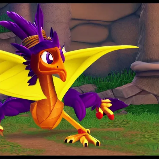 Prompt: screenshot of a humanoid anthropomorphic griffin bard with a feather in its cap as an enemy in spyro the dragon video game, with playstation 1 graphics, activision blizzard, upscaled to high resolution