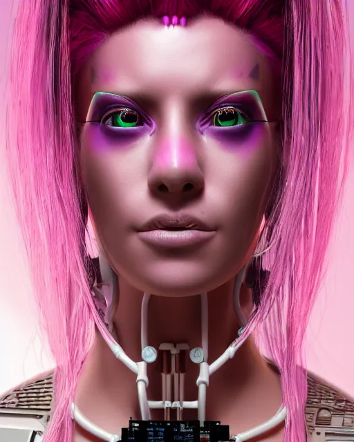 Image similar to portrait of a beautiful peruvian woman with pink hair as a cyberpunk cyborg half robot, revealing wires and electronics, hooked - up, sci - fi, missing panels, intricate abstract upper body intricate artwork, concept art, octane render, deviantart, cinematic, key art, hyperrealism, iridescent accents, portrait photograph, nikon 3 5 mm, photograph by greg rutkowski