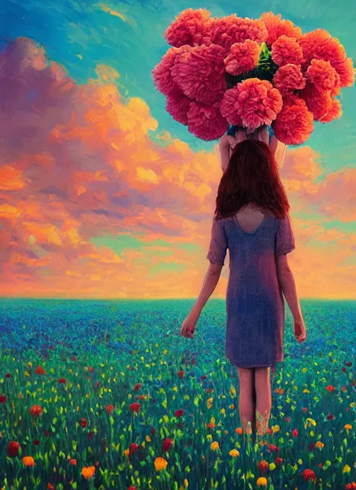 Image similar to woman with a giant carnation head, flower field, surreal photography, sunset dramatic light, impressionist painting, colorful clouds, blue sky, digital painting, artstation, simon stalenhag