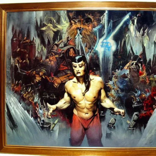 Prompt: wizard surrounded by crt televisions, oil on canvas, frank frazetta, john williams