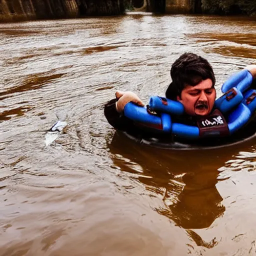 Prompt: person struggling to stay afloat in a river comprised of only beans