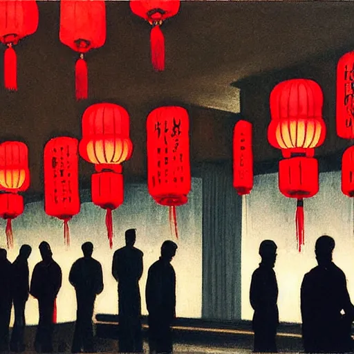 Prompt: night club, five red chinese lanterns, people's silhouettes close up, minimalism, by edward hopper