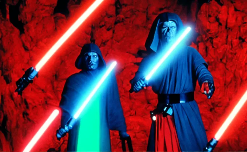 Prompt: screenshot of a crystal cave red gemstones, jedi master Luke Skywalker stands in the center of the red cave with his blue lightsaber, iconic scene from the 1970s thriller film directed by Stanely Kubrick film, color kodak, ektochrome, anamorphic lenses, detailed faces, moody cinematography