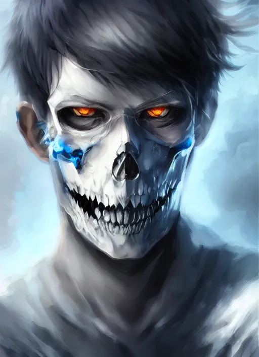 Prompt: highly detailed portrait art of a skull face boy, white hair, black and blue eyes, white shirt, ross tran, krenz cushart,, vd, intricate, digital anime art, sharp focus