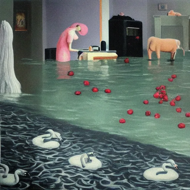 Image similar to painting of flood waters inside an apartment, emo catgirl art student, a river flooding inside, taps with running water, tangelos, zen, pigs, ikebana, water, river, rapids, waterfall, black swans, canoe, pomegranate, berries dripping, acrylic on canvas, surrealist, by magritte and monet