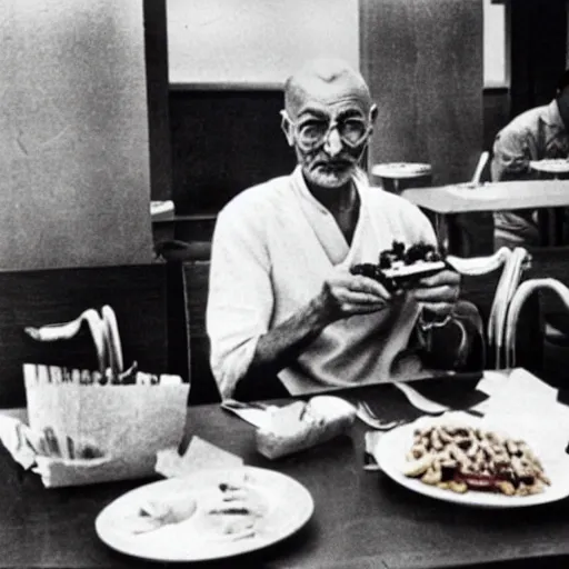 Image similar to Ghandi Chowing down on a feast in mcdonalds