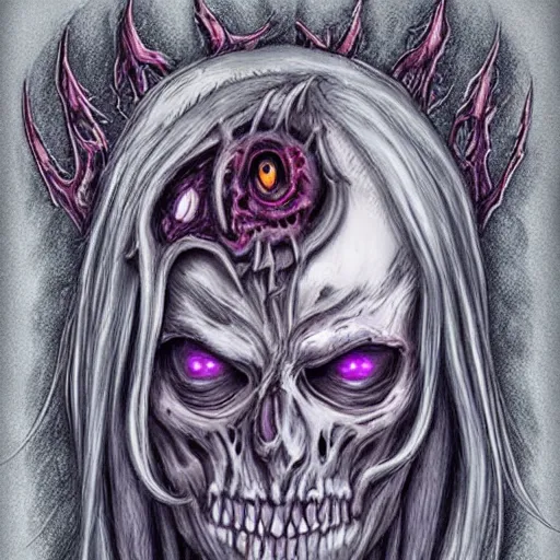 Image similar to Horrific death princess, ghastly creature portrait, extremes realistic lich, dark, eerie, creepie