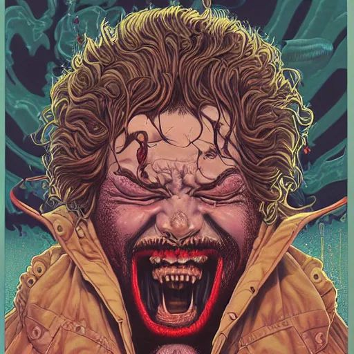 Image similar to portrait of crazy post malone melting, screaming, symmetrical, by yoichi hatakenaka, masamune shirow, josan gonzales and dan mumford, ayami kojima, takato yamamoto, barclay shaw, karol bak, yukito kishiro