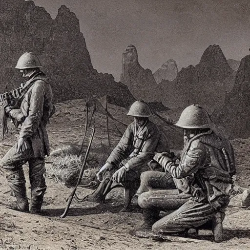 Image similar to ultra detailed photorealistic sepia - toned painting from 1 9 1 7, three british soldiers standing at an archaeological dig site in wadi rum, ultra realistic, painted, intricate details, lovecraft, atmospheric, dark, horror, brooding, highly detailed, by clyde caldwell