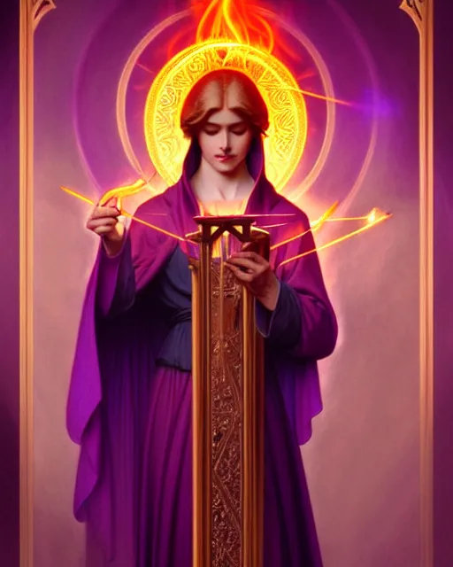 Prompt: saint germain holding a violet flame, fire that is violet colored, intricate, elegant, highly detailed, digital painting, artstation, concept art, smooth, sharp focus, illustration, art by artgerm and greg rutkowski and fra angelico and alphons mucha