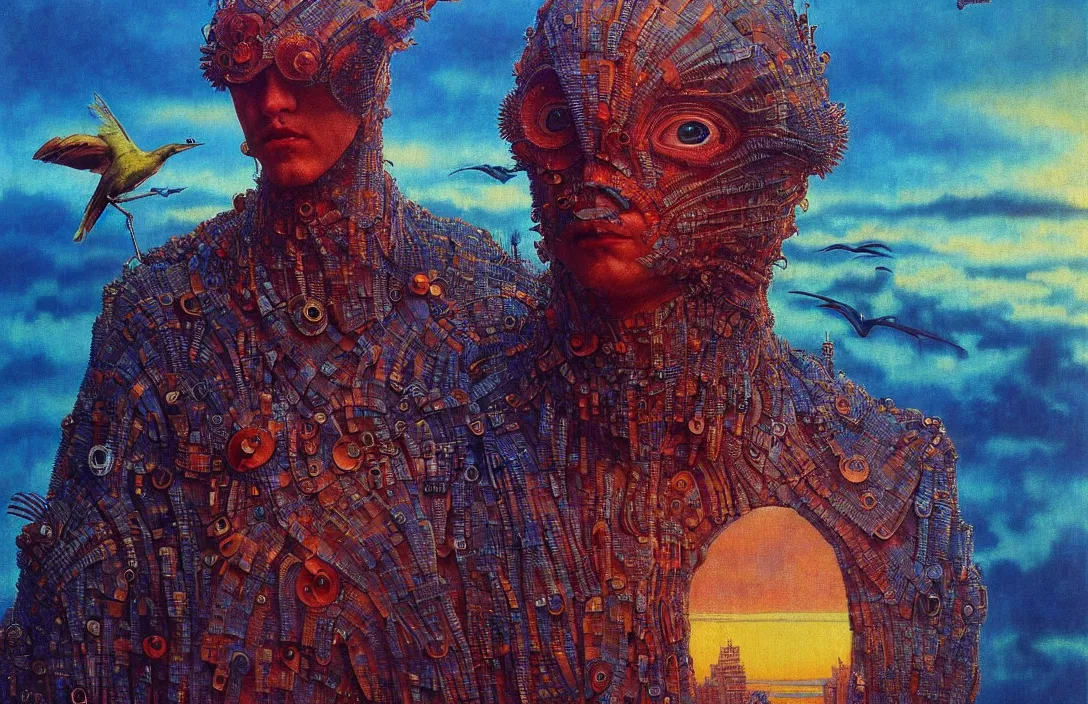 Image similar to realistic detailed portrait movie shot of a birdman wearing dark ragged robes, futuristic city sunset landscape background by denis villeneuve, amano, yves tanguy, alphonse mucha, ernst haeckel, max ernst, roger dean, masterpiece, deepdream, rich moody colours, bird head, blue eyes, hyperdetailed