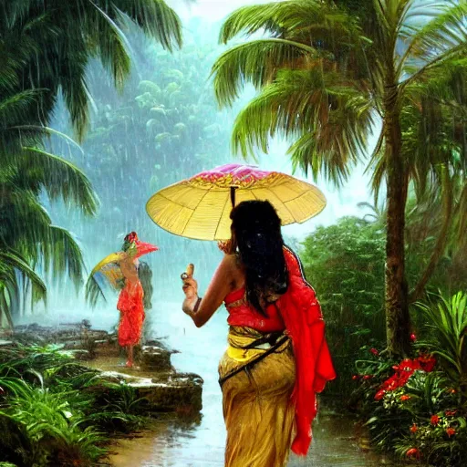 Image similar to monsoon on tropical island, oriental woman, ornate, beautiful, atmosphere, vibe, mist, coconuts, rain, wet, pristine, puddles, melting, dripping, snow, creek, lush, ice, bridge, forest, roses, flowers, by stanley artgerm lau, greg rutkowski, thomas kindkade, alphonse mucha, loish, norman rockwell