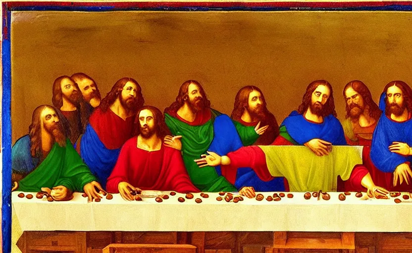 Prompt: Among Us in various primary colors painted like DaVinci's the last supper showing the double-crossing aspect of the main character Jesus stylized as a wall Greco oil painting in Milano Italy