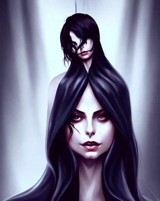 Prompt: style of charlie bowater : : gorgeous willa holland : : evil witch, swirling black magic, black dress : : symmetrical face, symmetrical eyes : : full body pose : : gorgeous black hair : : magic lighting, low spacial lighting : :