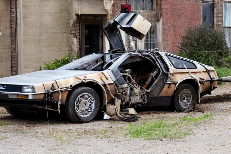 Image similar to rusty, derelict 2 0 2 2 delorean time machine being dragged by a tow truck