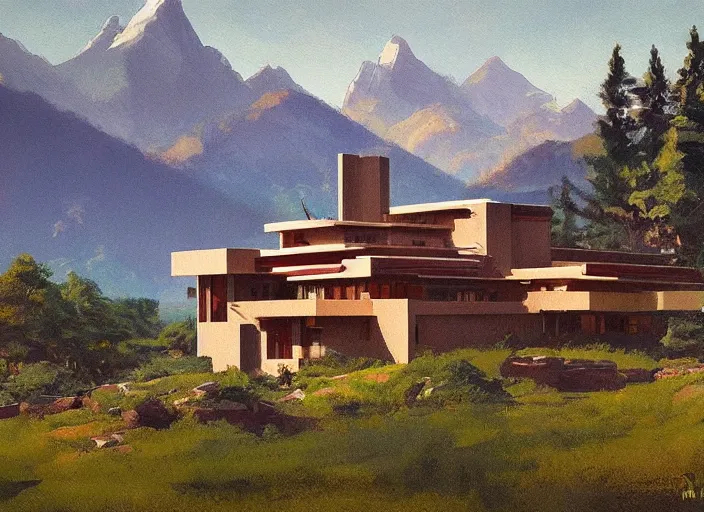 Image similar to painting of a frank lloyd wright house in front of beautiful mountains by greg rutkowski