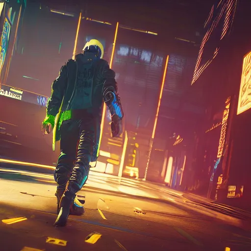 Image similar to Cyberpunk 2077 yellow jacket, concept art, unreal engine, 4k render, global illumination, blender, cycles