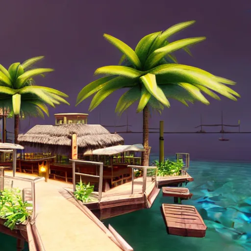 Prompt: a final fantasy styled restaurant, realistic, tropical, island, 8k, architecture ,Galdin Quay