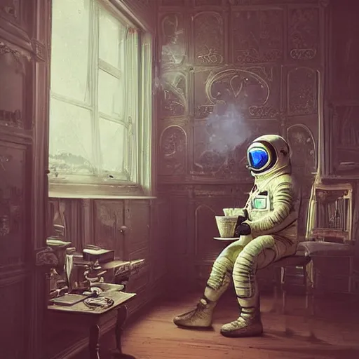 Image similar to a single cosmonaut in a spacesuit drinks a steaming cup of tea at an old wooden desk in a richly decorated house. :: by beeple and James Gilleard and Justin Gerard :: the autumn light comes in through a window and dimly illuminates the room. Ornate, dynamic, particulate, intricate, elegant, highly detailed, centered, artstation, smooth, sharp focus, photoreal octane render, 3d