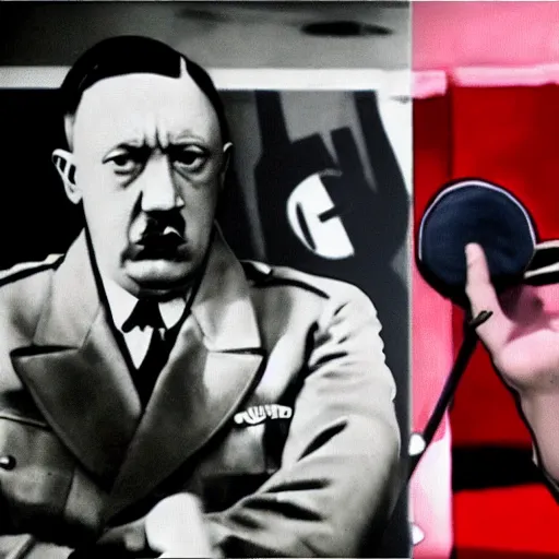 Prompt: A still of Hitler rap battling Eminem