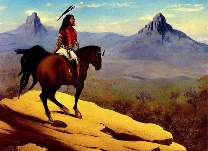 Image similar to powerful native american warrior!! beautiful native american riding horse, buffalo, mountain range, beautiful sky, standing on the edge of a cliff, nineteenth century, painted by frazetta