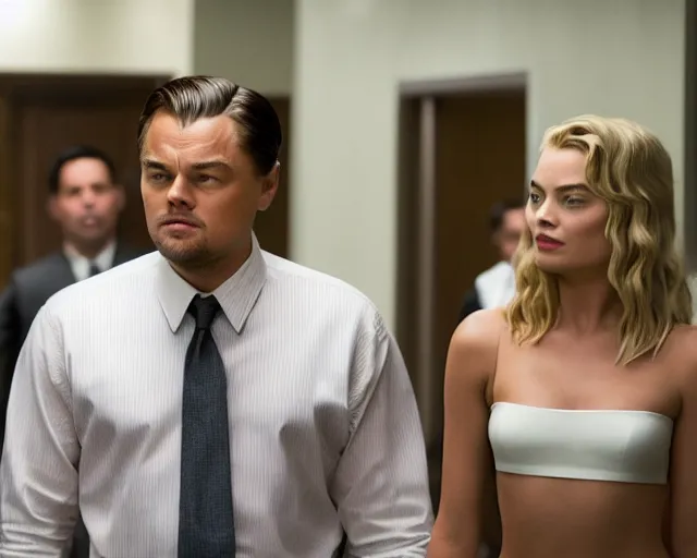 Image similar to leonardo dicaprio as the wolf of wall street standing next to margot robbie, cinamtic, long shot, hyper detailed, 8 5 mm photograph, 8 k resolution, film still, sharp lens, wide lens