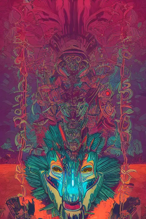 Image similar to totem animal tribal chaman vodoo mask feather gemstone plant video game illustration vivid color borderlands and by feng zhu and loish and laurie greasley, victo ngai, andreas rocha, john harris radiating a glowing aura