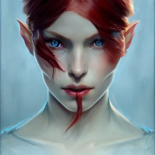 Prompt: A detailed matte oil on canvas head on symmetrical portrait of a beautiful elven woman with blue red eyes and red hair by greg rutkowski and Charlie bowater, trending on artstationhd, dungeons and dragons art critical role