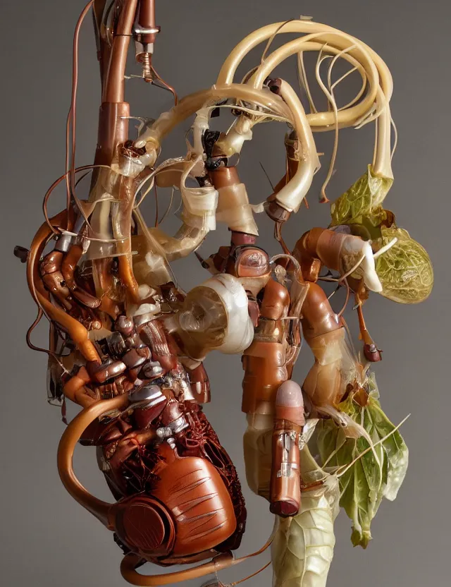 Image similar to a well - lit studio photograph of various earth - toned plastic translucent artificial hearts and organs, some wrinkled resembling reddish brown plastic cabbage, some long, various sizes, textures, and transparencies, beautiful, smooth, layered detailed, intricate art nouveau internal anatomy model