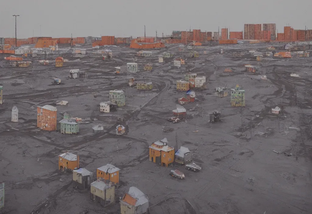 Image similar to accidentally wes anderson award - winning street photograph of a cosmic lunar norilsk russian city on moon, art by greg rutkowsky, trending on artstation, cinematic lighting, filmic grain, golden hour, detailed, 4 k